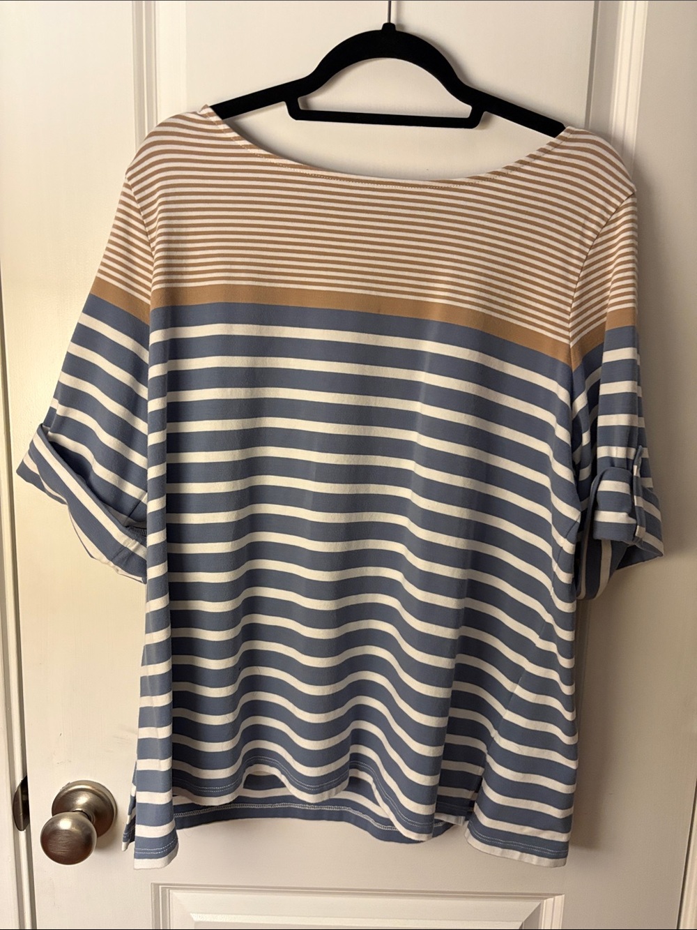 Ruby Rd. Striped Boatneck Top in Blue, White & Tan